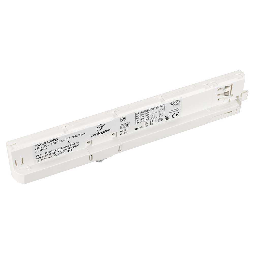 Блок питания для трековых систем Arlight ARJ-SP30-4TR-PFC-ADJ-TRIAC WH (30W, 0.6-0.75A, 27-40V)