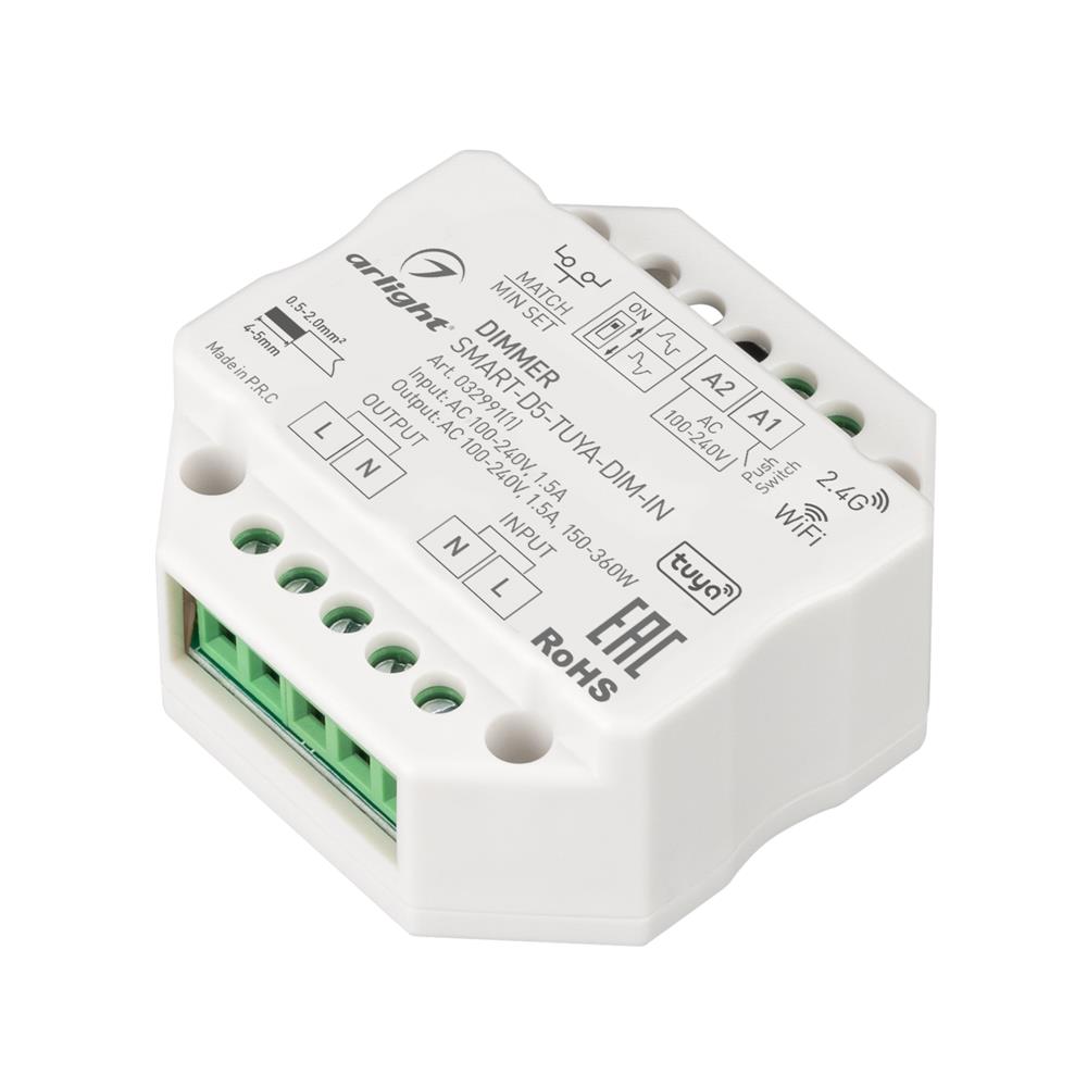 Диммер Arlight SMART-D5-TUYA-DIM-IN (230V, 1.5A, TRIAC, WiFi, 2.4G)